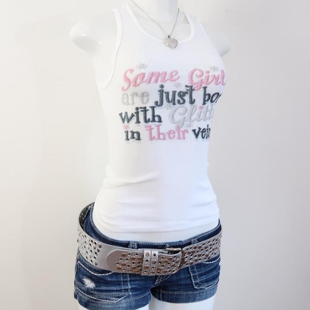 y2k glitter in their veins slogan graphic tank white ribbed baby tee size S - Picture 2 of 4